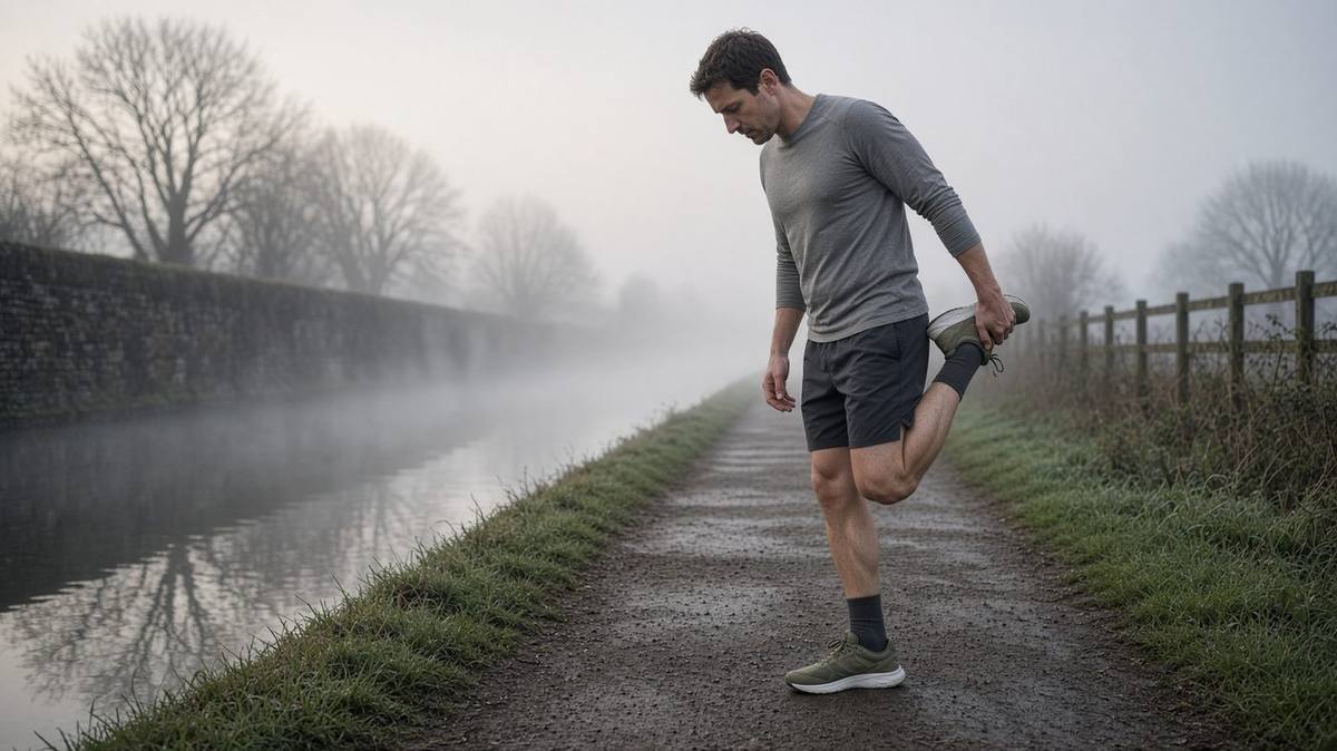 Runner stretching on a misty British canal path at dawn