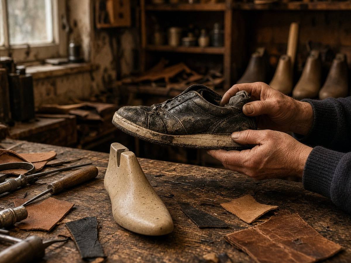 British cobbler workshop with a wooden last and tools