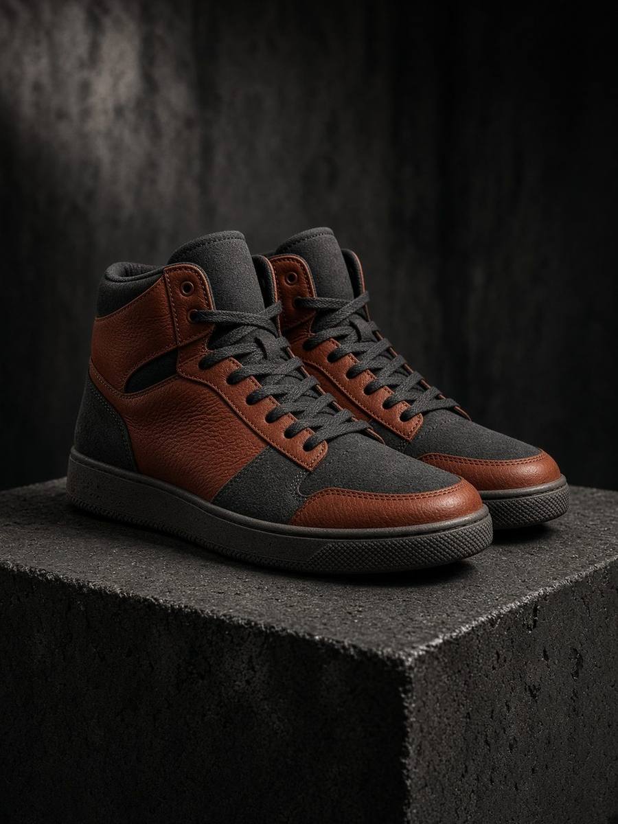 Rust and charcoal high-top sneakers on a concrete block