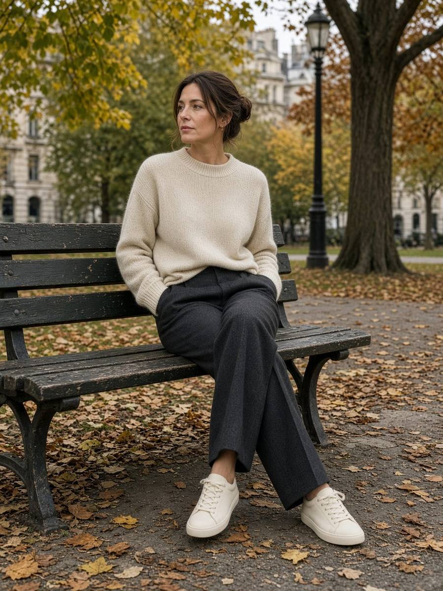Person sitting on a park bench in cream sneakers