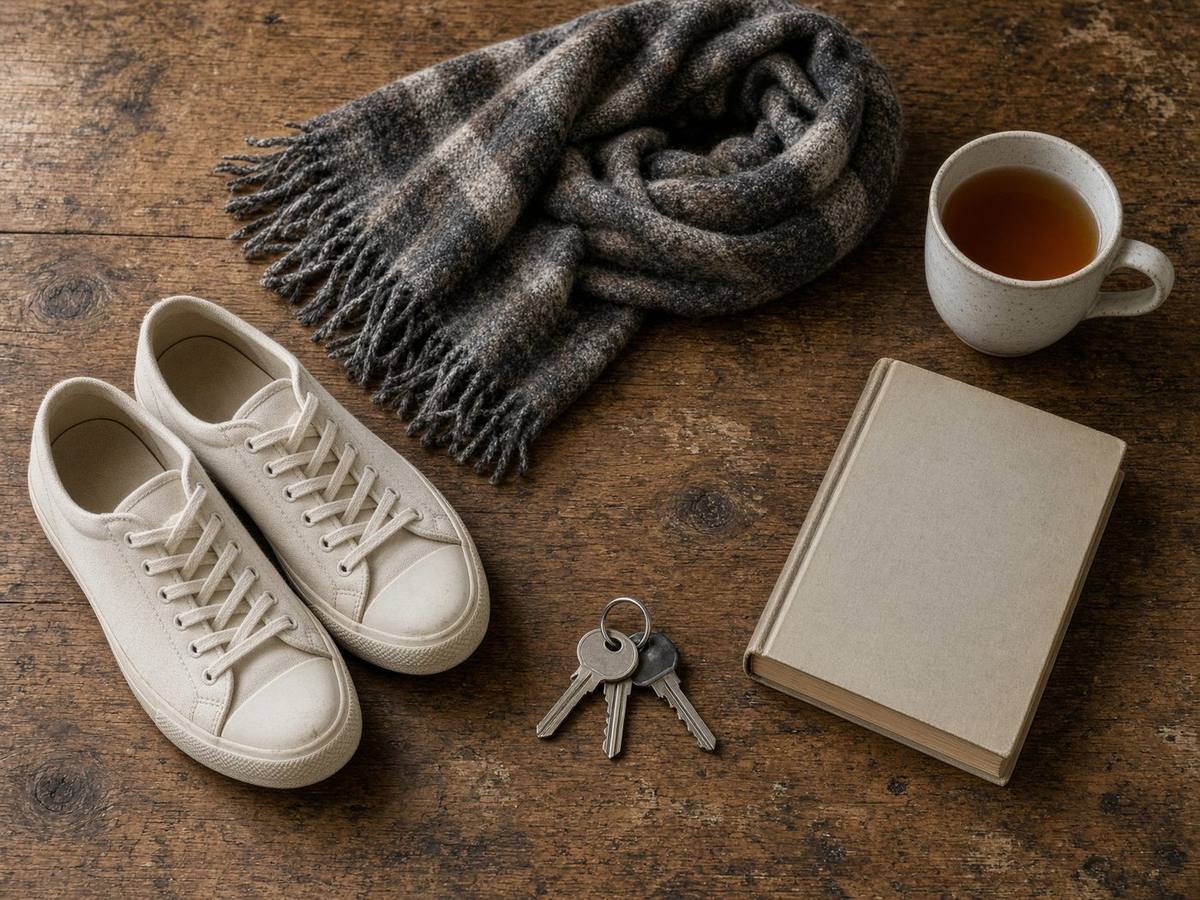 Flat lay of sneakers, a paperback, keys and tea on a wooden table