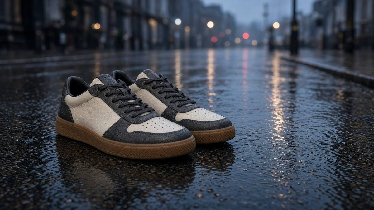 Cream and charcoal sneakers on wet London pavement at dusk