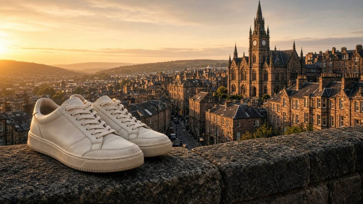 Cream sneakers on a stone wall overlooking a sandstone Scottish town