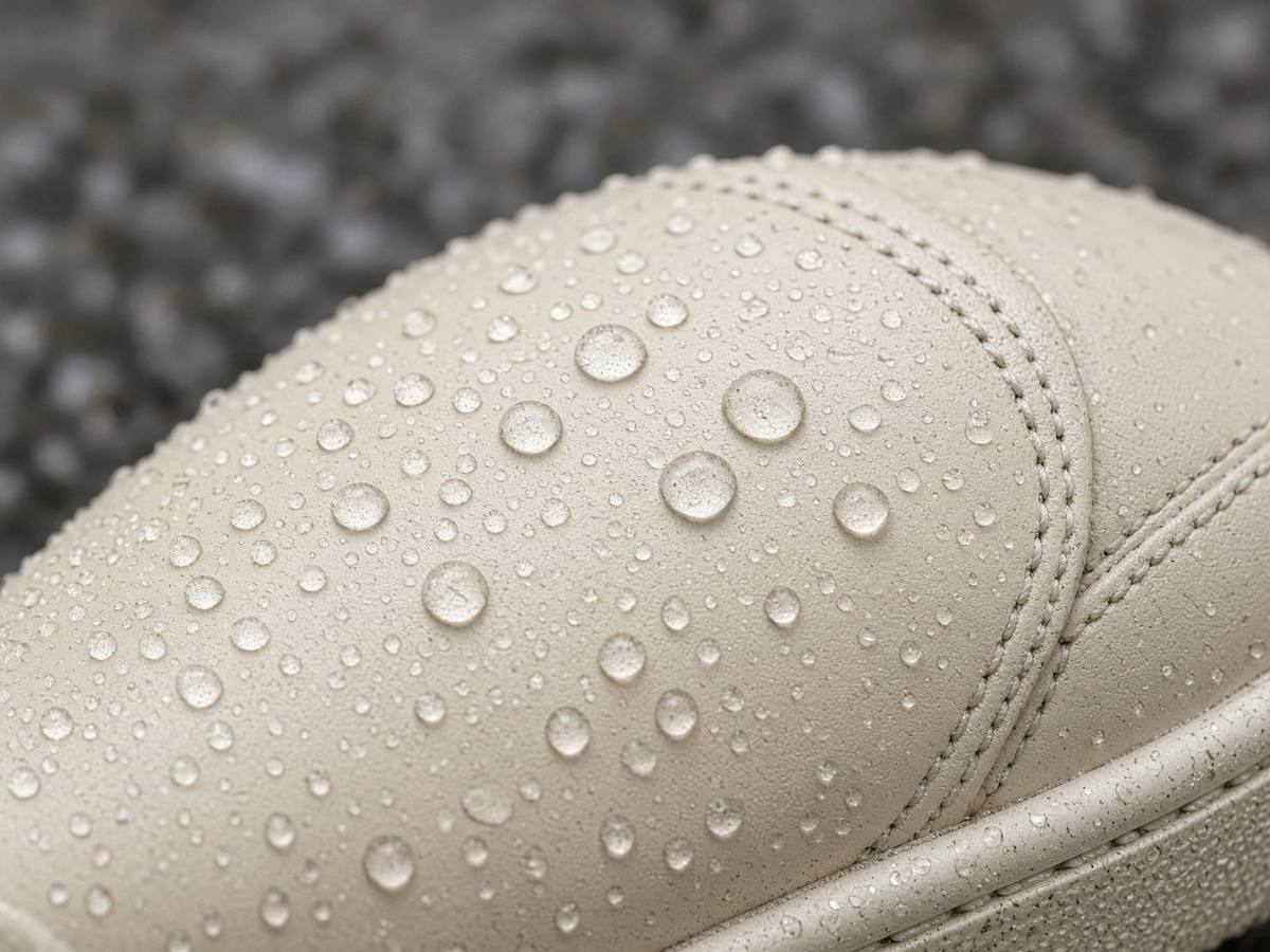 Rain droplets on a cream leather sneaker toe