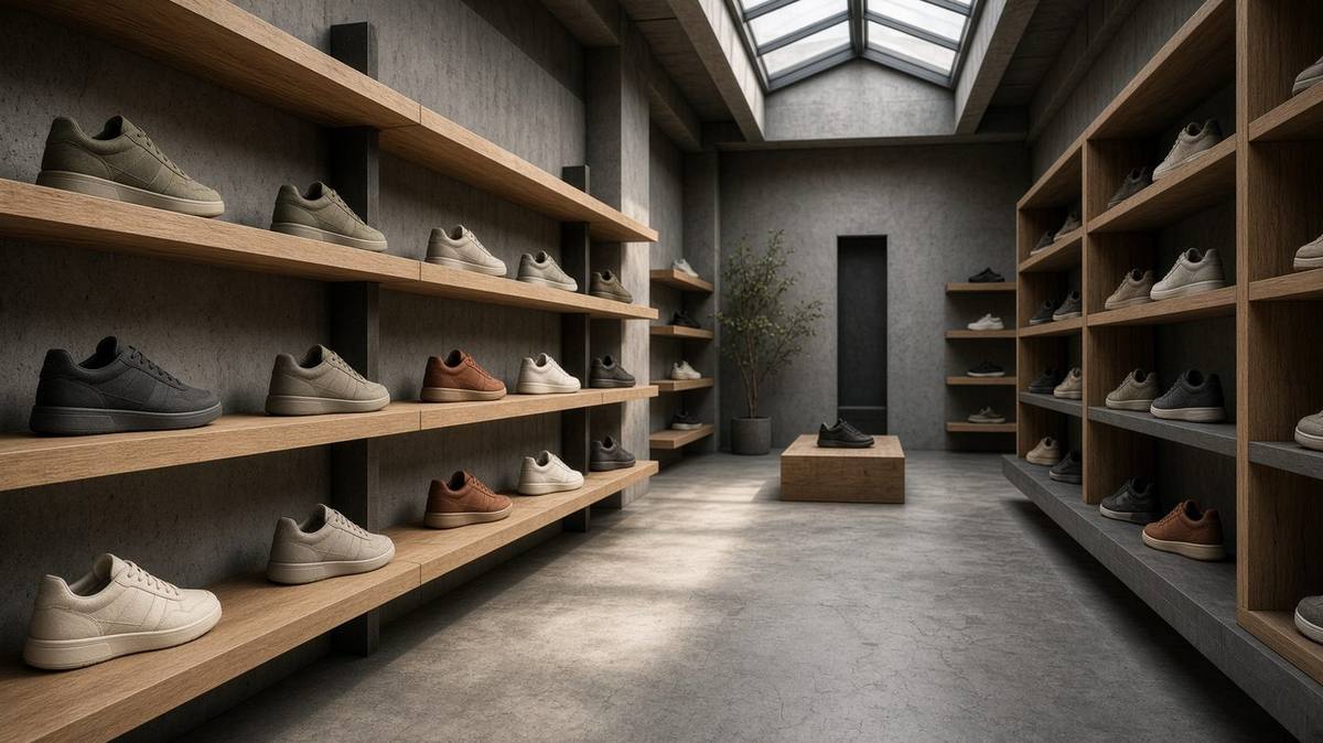 Wooden shelves of sneakers in a boutique