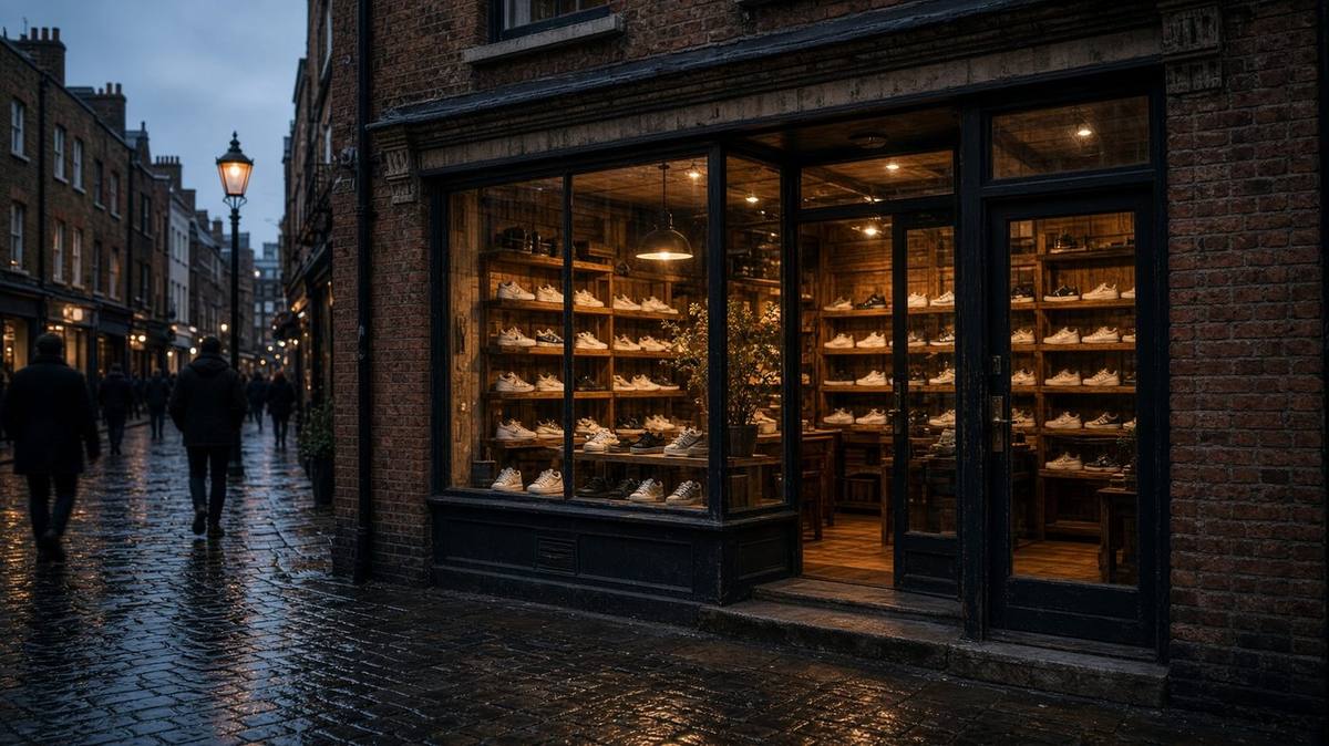 A lit sneaker shop on a wet brick London street