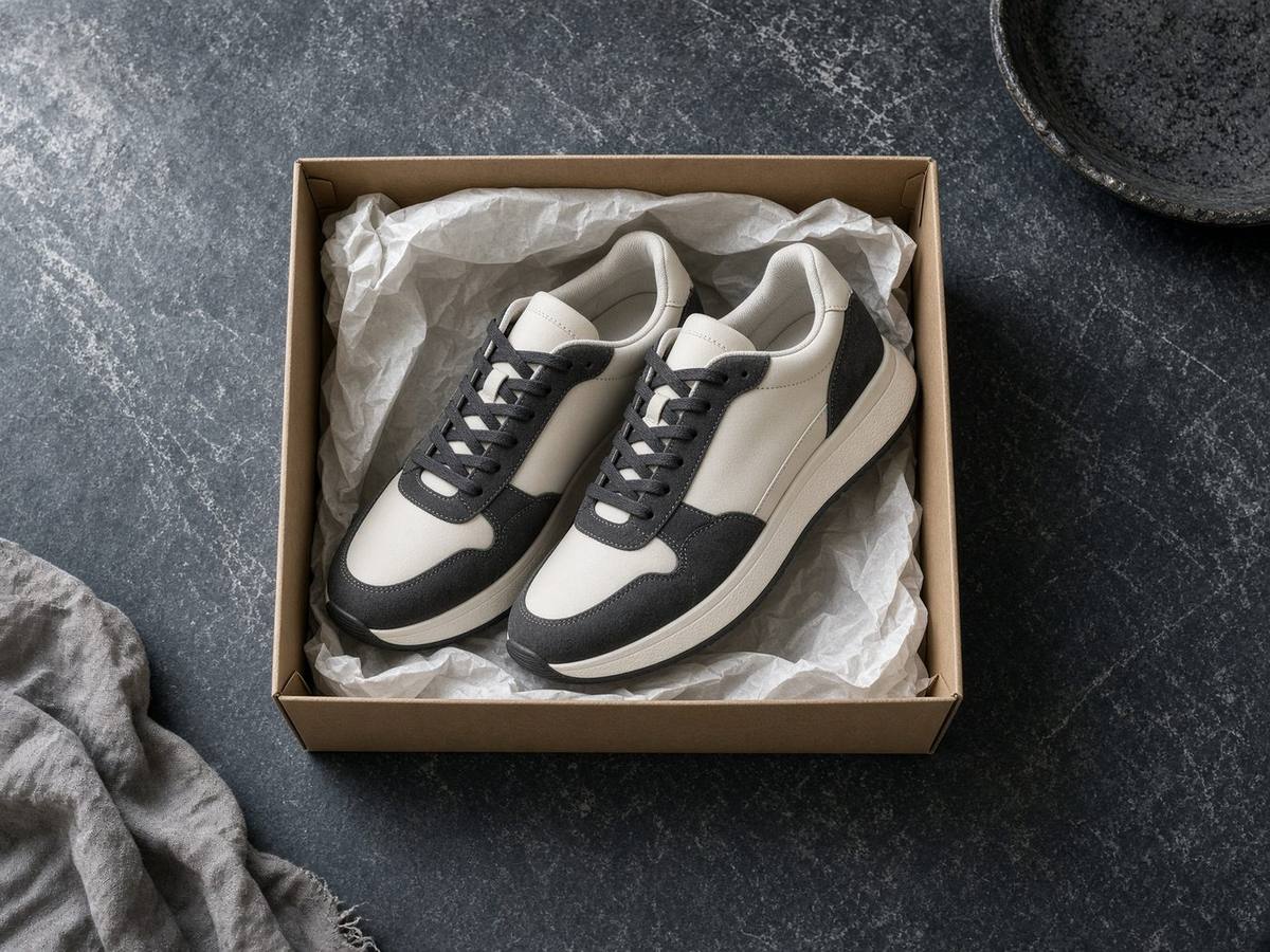 An open shoebox with cream sneakers on tissue paper