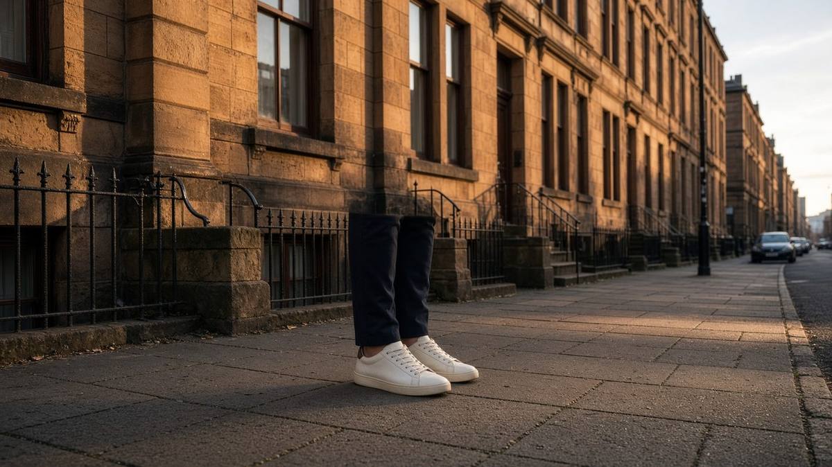 Cream sneakers on a Glasgow sandstone tenement street