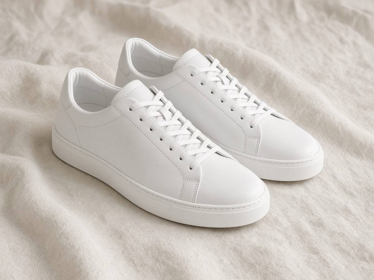 White leather cupsole sneakers on cream linen