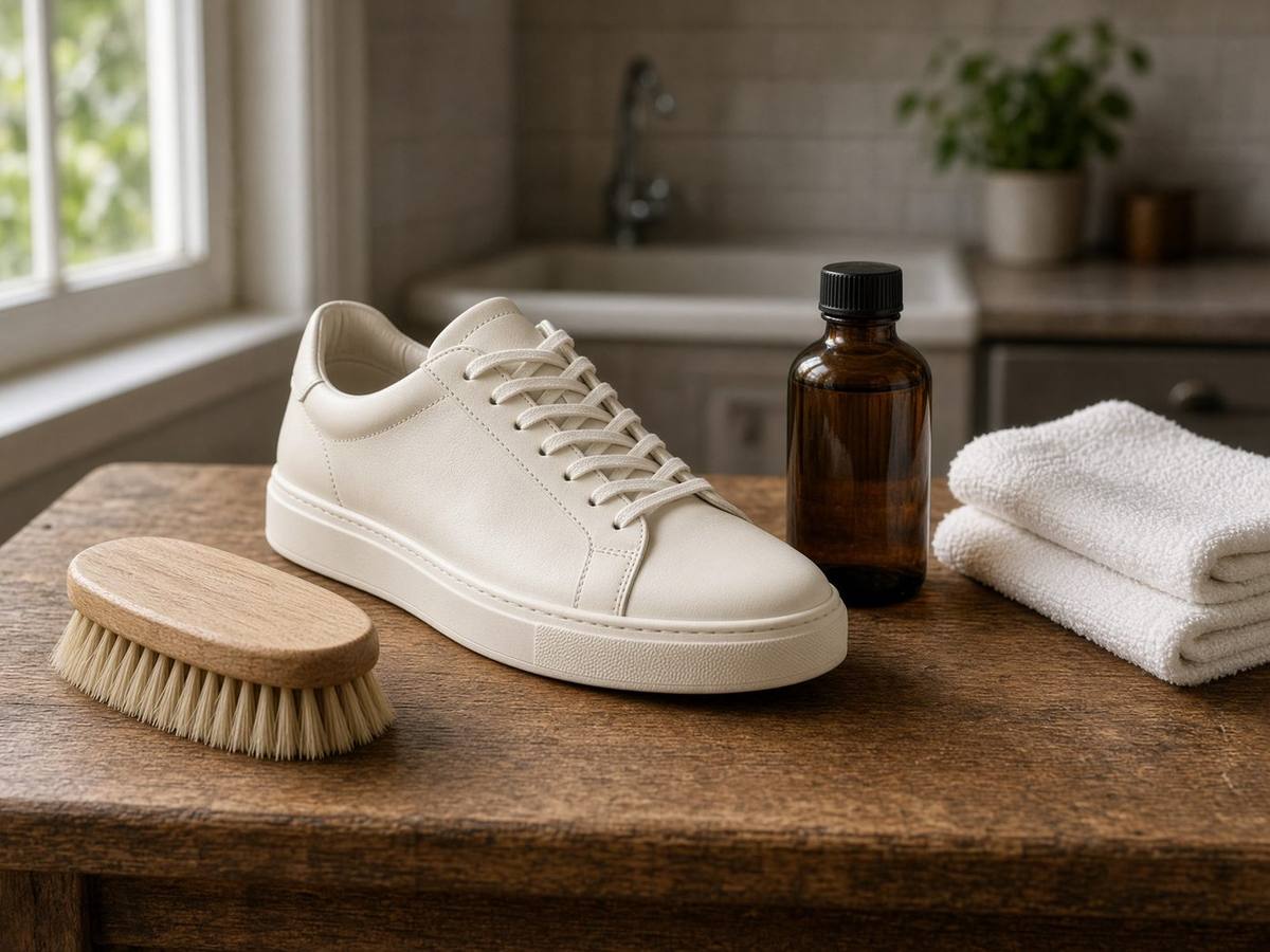 Sneaker cleaning still life with a brush and cloth