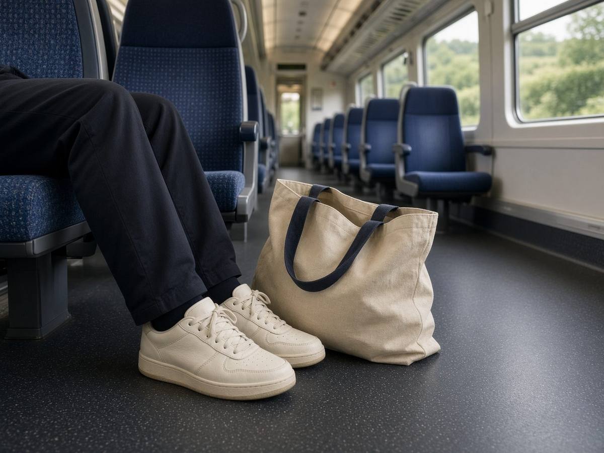 Cream sneakers on the floor of a British train carriage