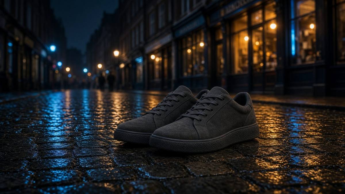 Charcoal sneakers on wet cobbles at night