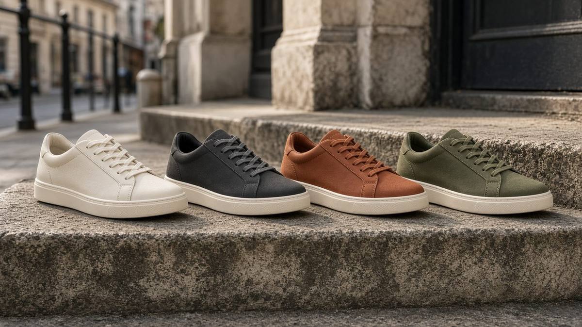 Several original sneakers lined up on a concrete stair