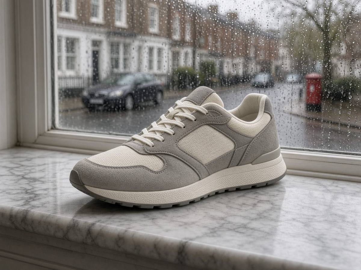 Grey suede runner sneaker on a marble windowsill