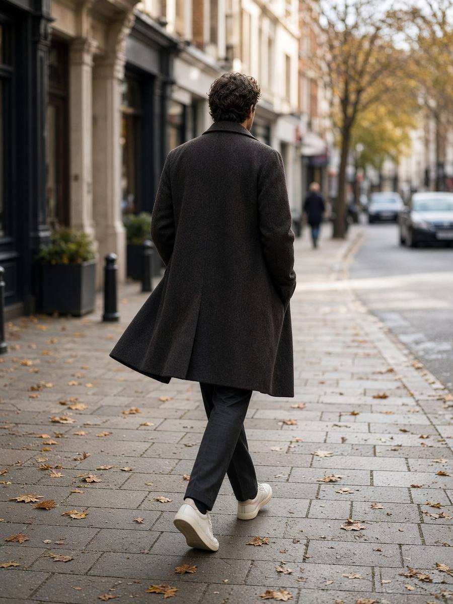 Adult walking a British high street in cream sneakers and a wool overcoat