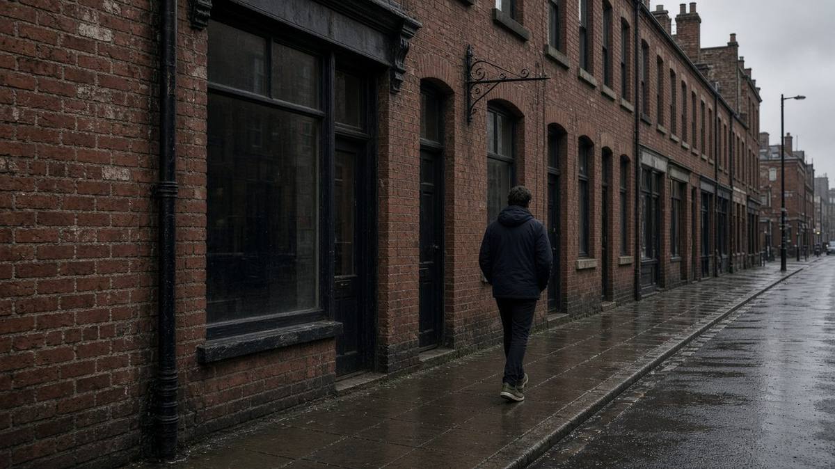 Red-brick Manchester street on a grey afternoon